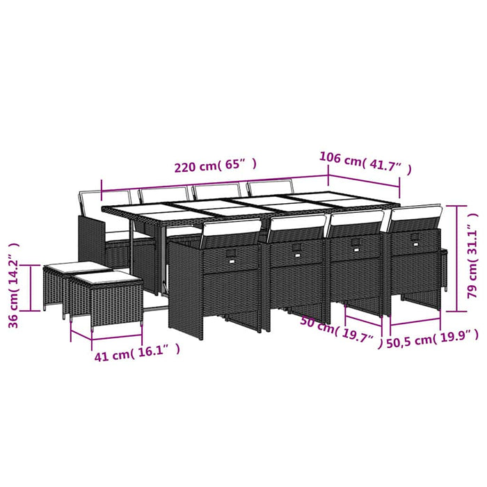 Set mobilier de grădină cu perne, 13 piese, negru, poliratan WALTI