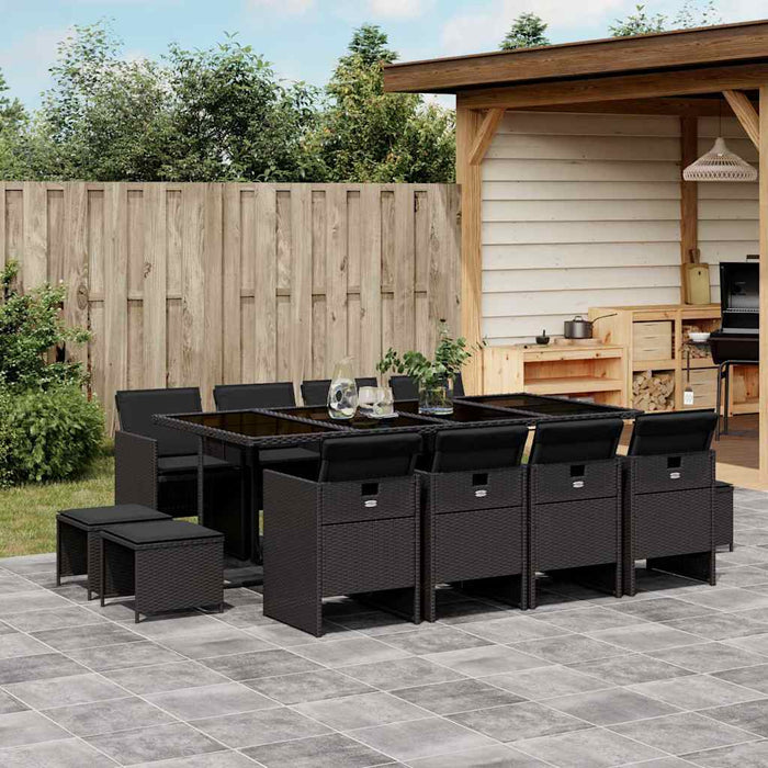 Set mobilier de grădină cu perne, 13 piese, negru, poliratan WALTI