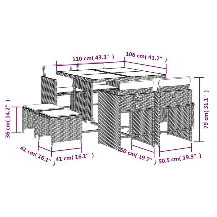 Set mobilier de grădină cu perne, 9 piese, negru, poliratan - WALTI WALTI