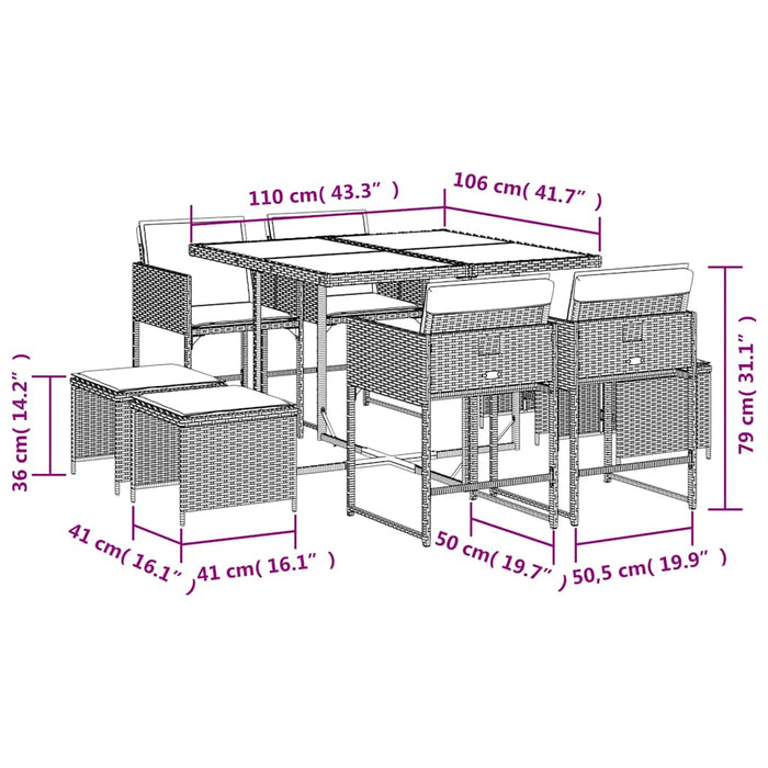 Set mobilier grădină cu perne, 9 piese, gri, poliratan WALTI