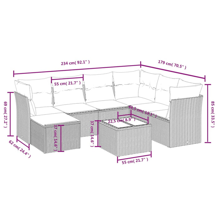 Set mobilier de grădină cu perne, 8 piese gri deschis poliratan WALTI