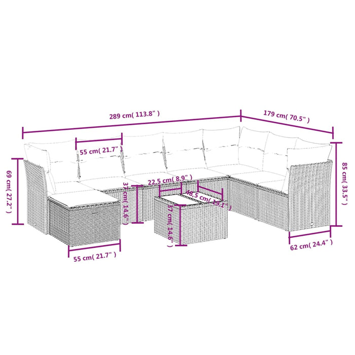 Set mobilier de grădină cu perne, 9 piese, negru, poliratan WALTI