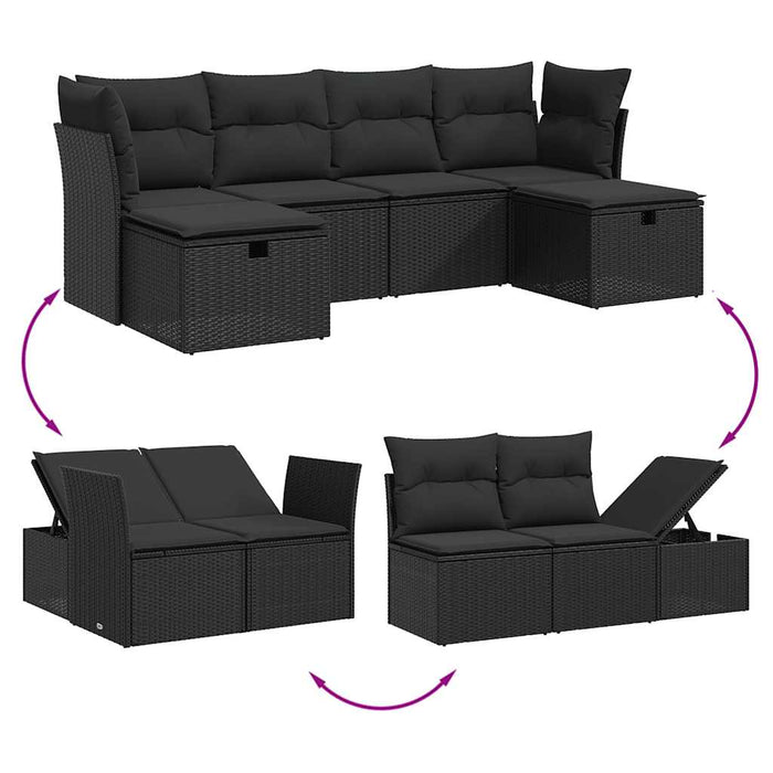 Set mobilier de grădină cu perne, 6 piese, negru, poliratan WALTI