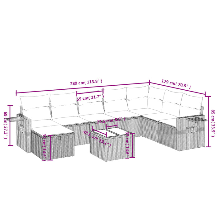 Set mobilier de grădină cu perne, 9 piese, negru, poliratan WALTI