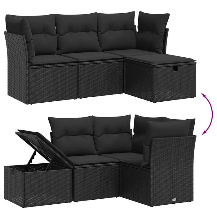 Set mobilier de grădină cu perne, 4 piese, negru, poliratan WALTI