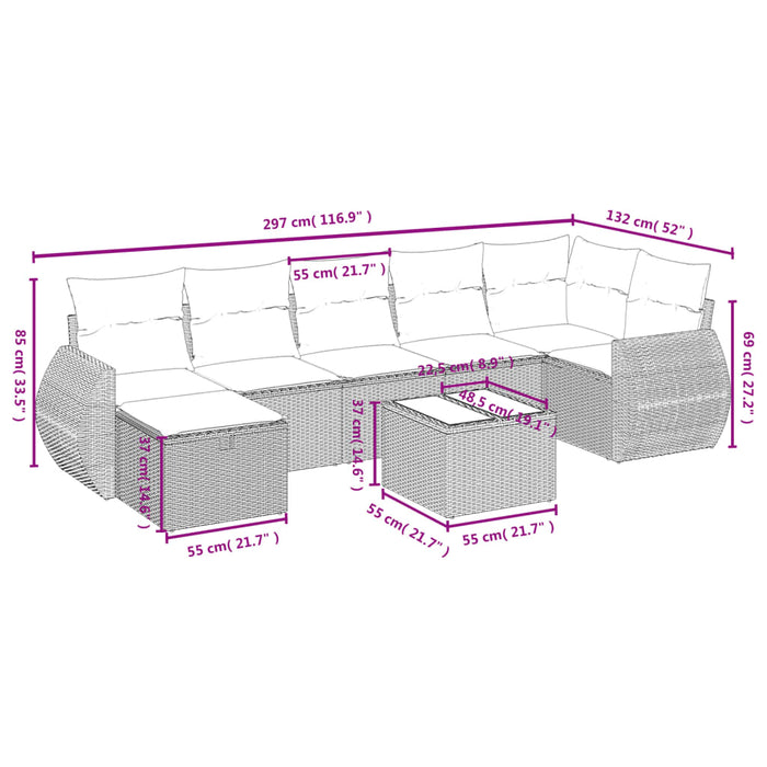 Set mobilier de grădină cu perne, 8 piese gri deschis poliratan WALTI