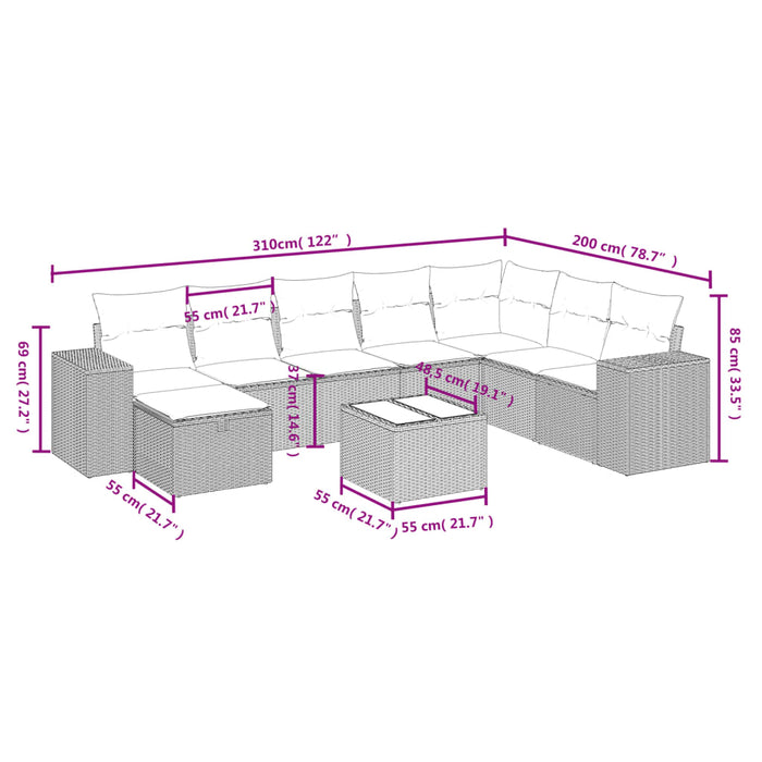 Set mobilier de grădină cu perne, 9 piese, negru, poliratan WALTI