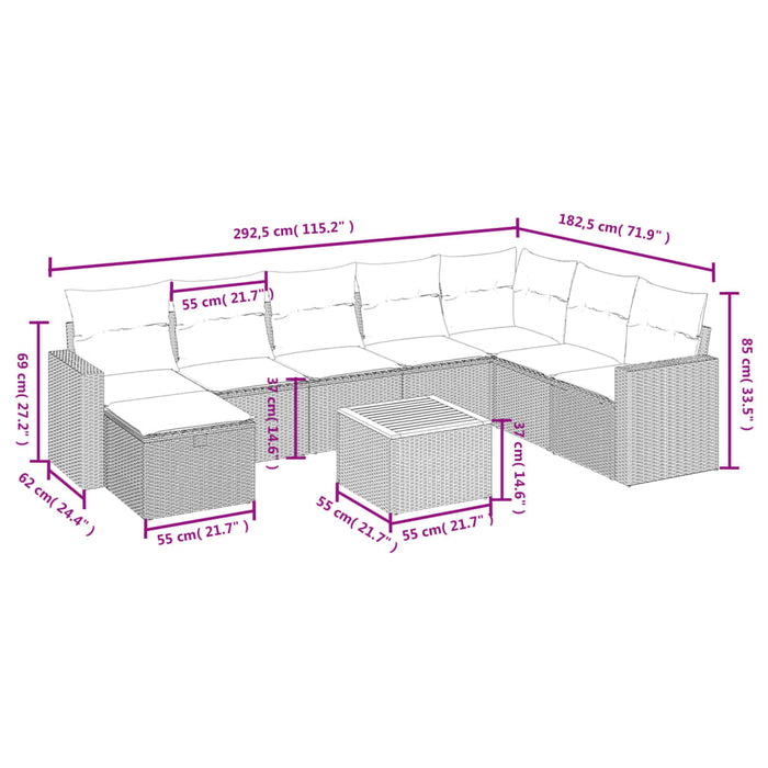 Set mobilier de grădină cu perne, 9 piese, negru, poliratan WALTI