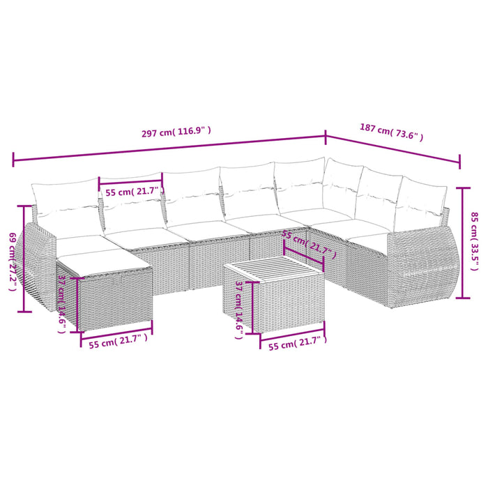 Set mobilier de grădină cu perne, 9 piese, negru, poliratan WALTI