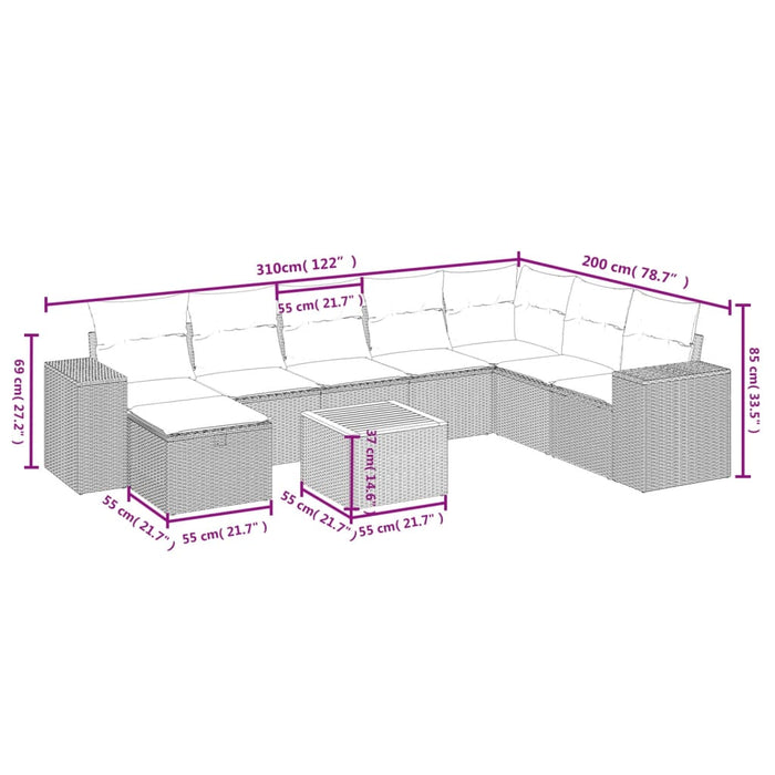 Set mobilier de grădină cu perne, 9 piese, negru, poliratan WALTI