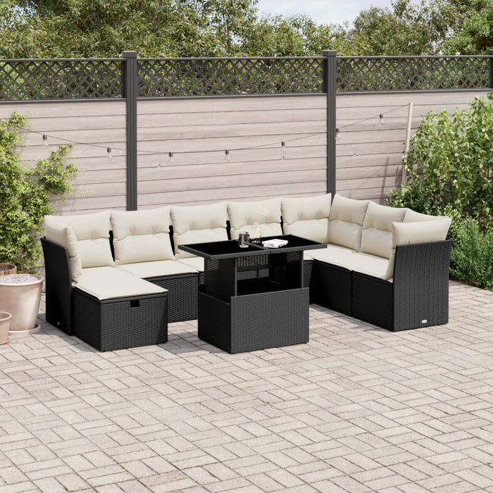 Set mobilier de grădină cu perne, 9 piese, negru, poliratan WALTI