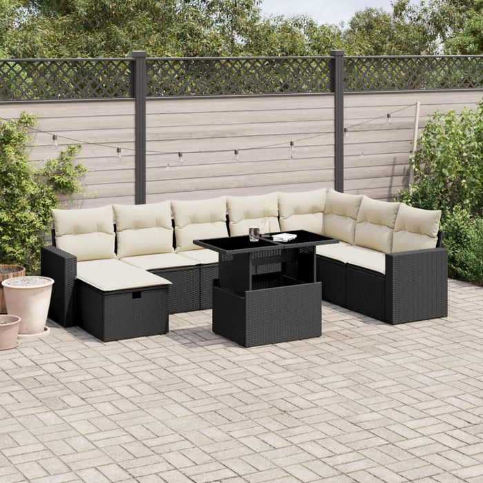 Set mobilier de grădină cu perne, 9 piese, negru, poliratan WALTI