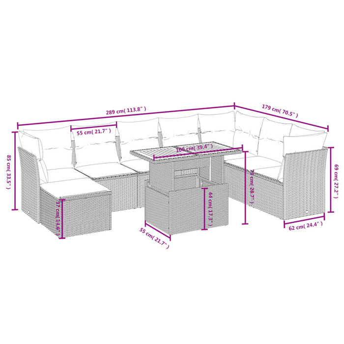 Set mobilier de grădină cu perne, 9 piese, negru, poliratan WALTI