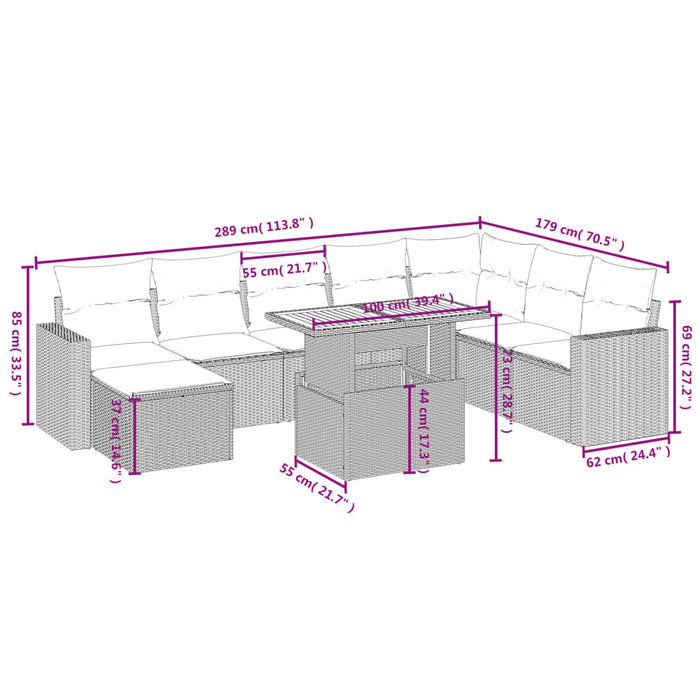 Set mobilier de grădină cu perne, 9 piese, negru, poliratan WALTI