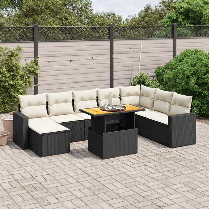 Set mobilier de grădină cu perne, 9 piese, negru, poliratan WALTI