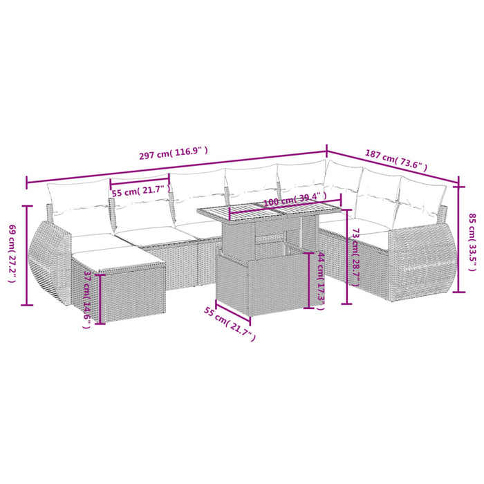 Set mobilier de grădină cu perne, 9 piese, negru, poliratan WALTI
