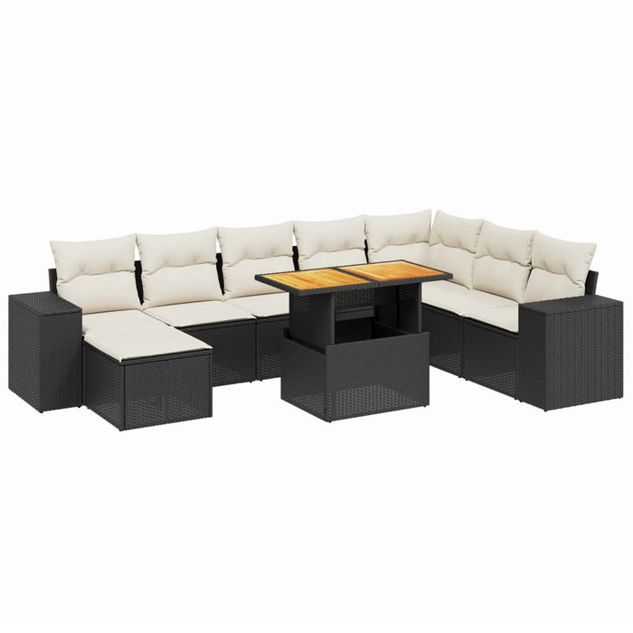 Set mobilier de grădină cu perne, 9 piese, negru, poliratan WALTI
