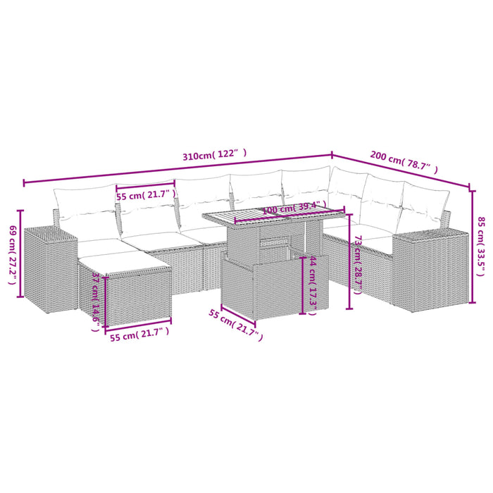 Set mobilier de grădină cu perne, 9 piese, negru, poliratan WALTI