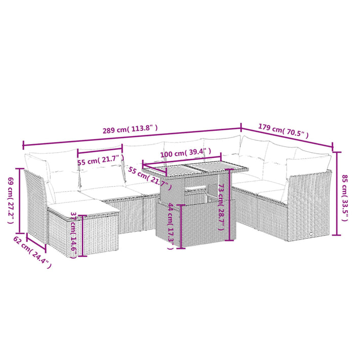 Set mobilier de grădină cu perne, 9 piese, negru, poliratan WALTI