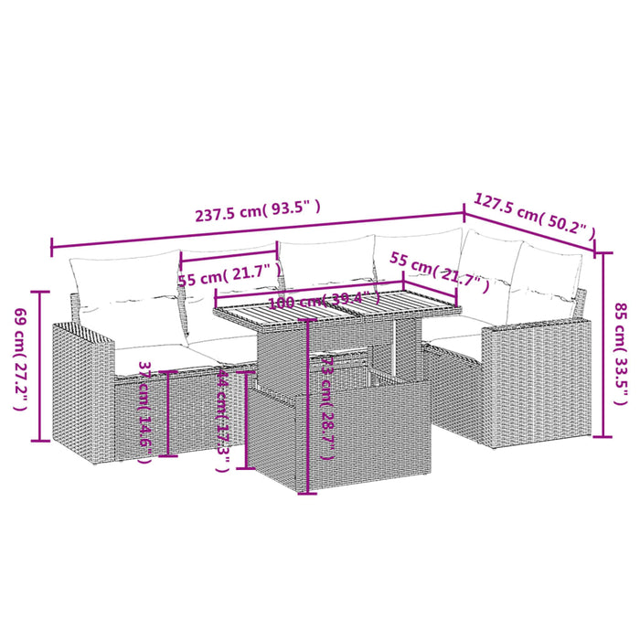 Set mobilier de grădină cu perne, 6 piese, negru, poliratan WALTI