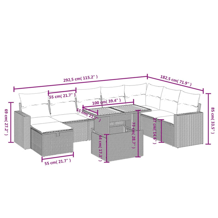 Set mobilier de grădină cu perne, 9 piese, negru, poliratan WALTI