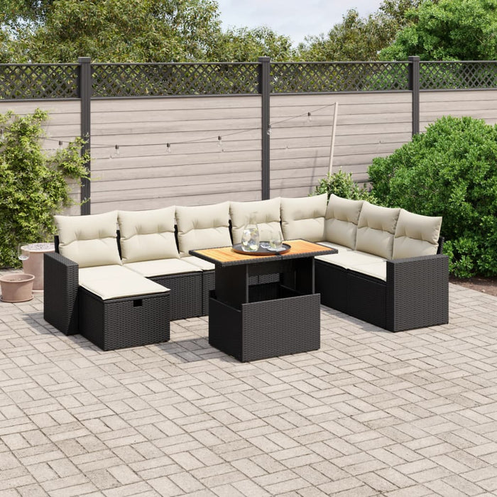 Set mobilier de grădină cu perne, 9 piese, negru, poliratan WALTI
