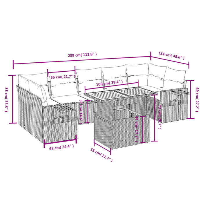 Set mobilier de grădină cu perne, 8 piese, negru, poliratan WALTI