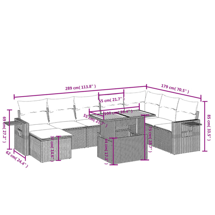 Set mobilier de grădină cu perne, 9 piese, negru, poliratan WALTI