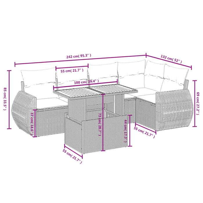 Set mobilier de grădină cu perne, 6 piese, negru, poliratan WALTI