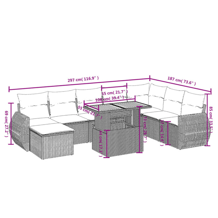 Set mobilier de grădină cu perne, 9 piese, negru, poliratan WALTI