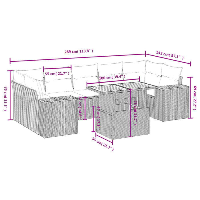 Set mobilier de grădină cu perne, 8 piese, negru, poliratan WALTI