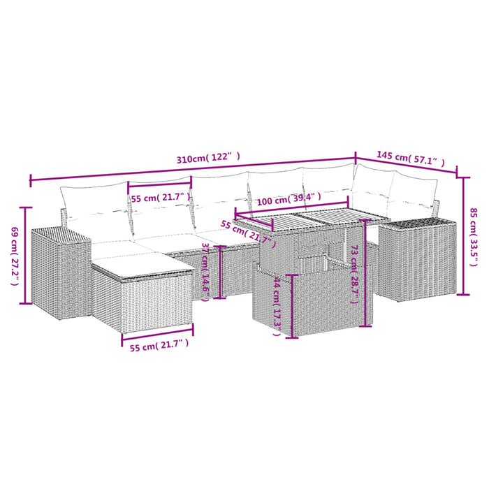 Set mobilier de grădină cu perne, 8 piese, negru, poliratan WALTI