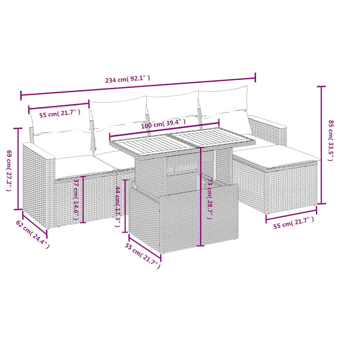Set mobilier de grădină cu perne, 6 piese, negru, poliratan WALTI