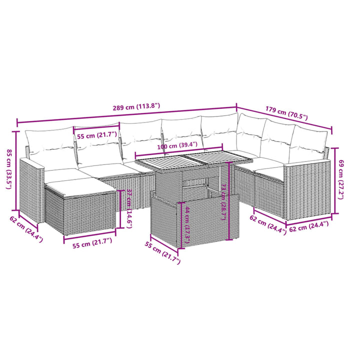 Set mobilier de grădină cu perne, 9 piese, negru, poliratan WALTI