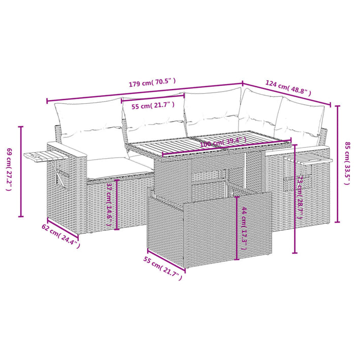 Set mobilier de grădină cu perne, 5 piese, negru, poliratan WALTI