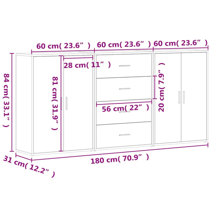 Dulapuri, 3 buc., gri sonoma, 60x31x84 cm, lemn prelucrat - WALTI WALTI