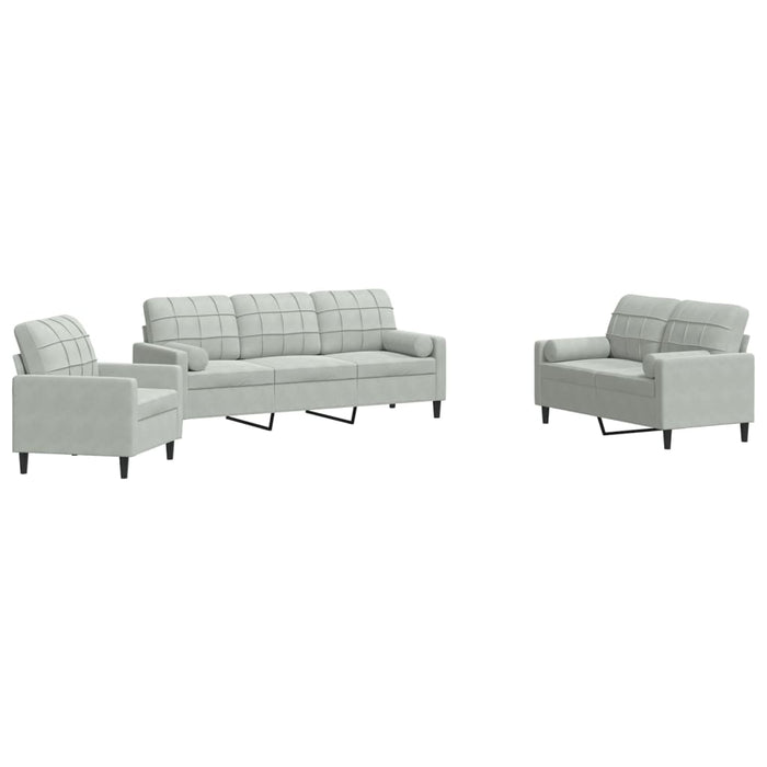 Set de canapele cu perne, 3 piese, gri deschis, catifea - WALTI WALTI