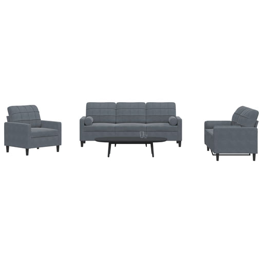 Set de canapele cu perne/rulouri, 3 piese, gri închis, catifea - WALTI WALTI