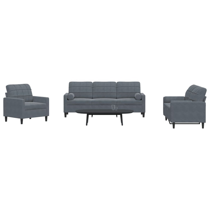 Set de canapele cu perne/rulouri, 3 piese, gri închis, catifea - WALTI WALTI