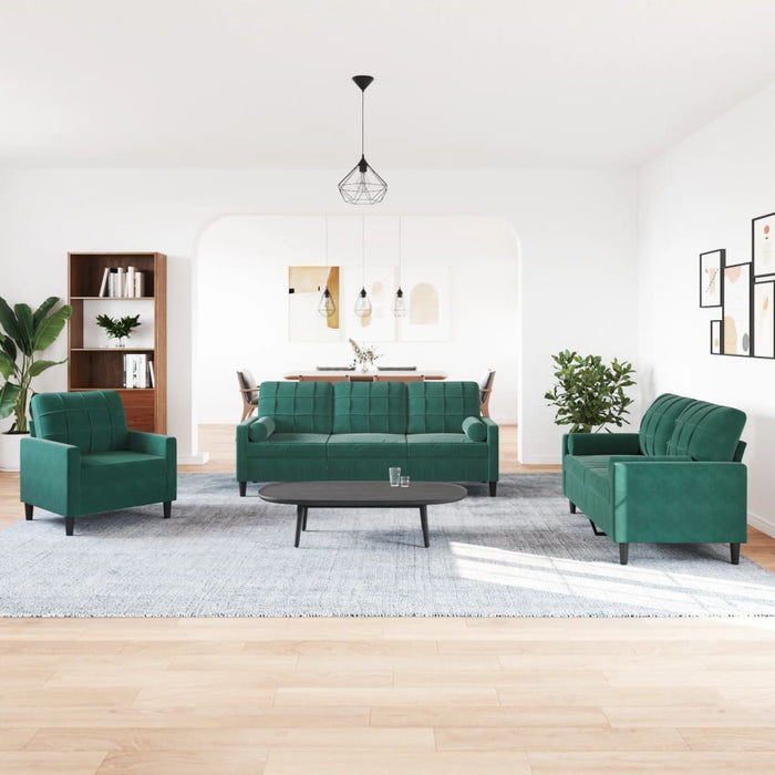 Set canapele cu perne/rulouri, 3 piese, verde închis, catifea - WALTI WALTI