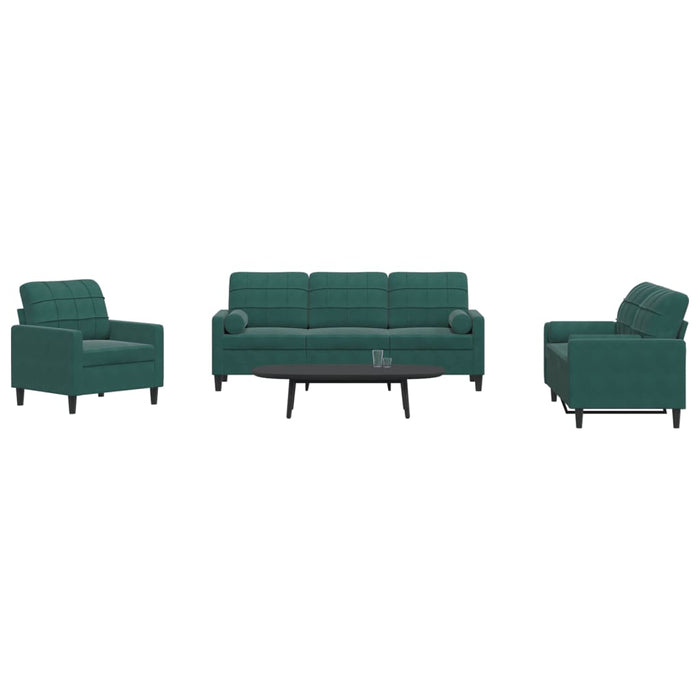 Set canapele cu perne/rulouri, 3 piese, verde închis, catifea - WALTI WALTI