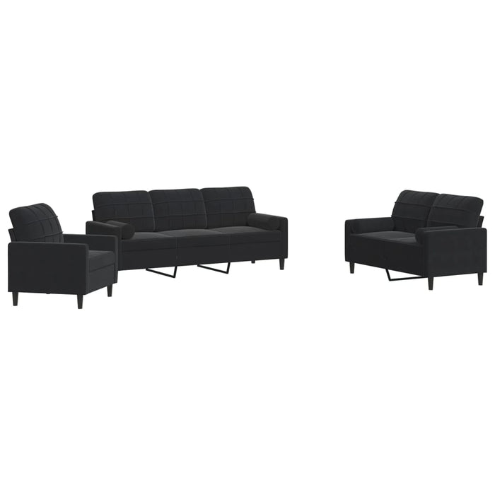 Set de canapele cu perne/rulouri, 3 piese, negru, catifea - WALTI WALTI