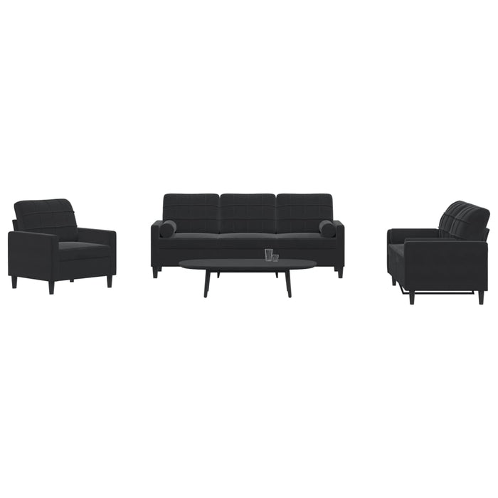 Set de canapele cu perne/rulouri, 3 piese, negru, catifea - WALTI WALTI