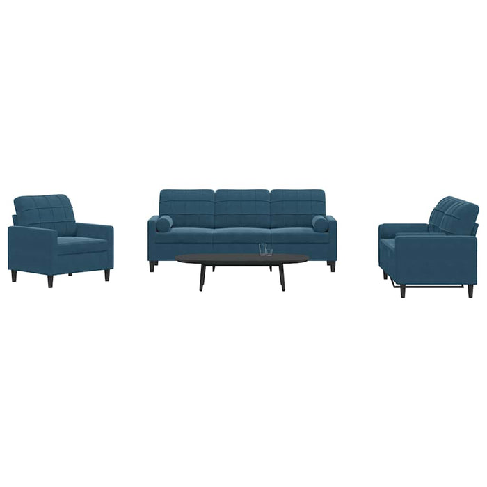 Set de canapele cu perne/rulouri, 3 piese, albastru, catifea - WALTI WALTI