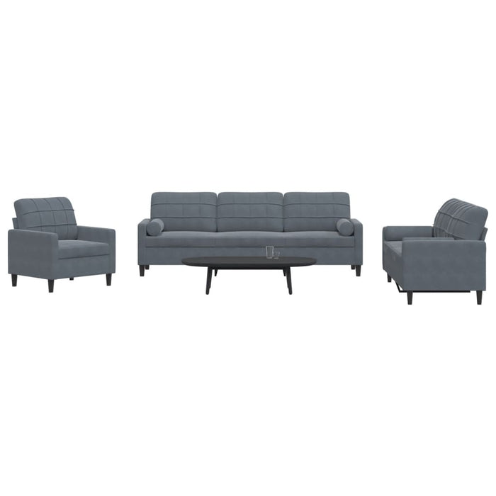 Set de canapele cu perne/rulouri, 3 piese, gri închis, catifea - WALTI WALTI