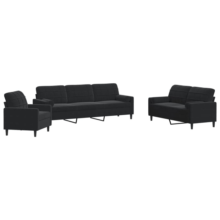 Set de canapele cu perne/rulouri, 3 piese, negru, catifea - WALTI WALTI