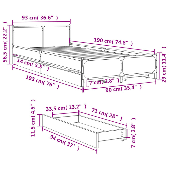 Cadru de pat cu sertare gri sonoma 90x190 cm lemn prelucrat WALTI