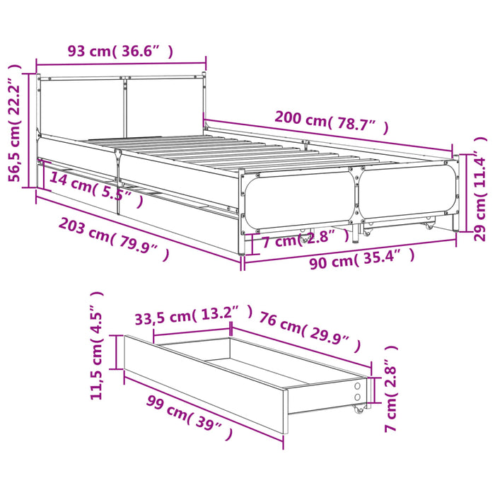 Cadru de pat cu sertare, negru, 90x200 cm, lemn prelucrat - WALTI WALTI