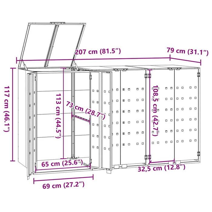 Depozitare coș gunoi cu roți 3 coșuri gri 207x79x117 cm oțel - WALTI WALTI