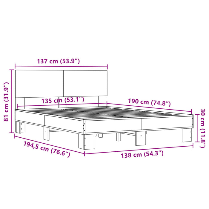 Cadru de pat, gri sonoma, 135x190 cm, lemn prelucrat și metal - WALTI WALTI